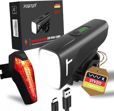 Комплект велосипедного освітлення StVZO, USB-C, LED, водонепроникний, 60 люкс, передня та задня фара