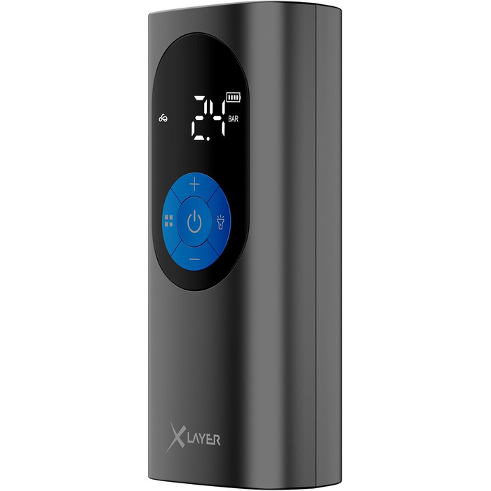 Електричний компресор XLayer 6000 мАг для авто, велосипедів, мотоциклів, матраців і м'ячів, з LED-ліхтариком, портативний, LCD-дисплей, тиск 2.0–10.0 бар, чорний/синій
