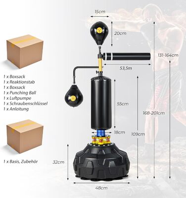 Стоячий боксерський м'яч COSTWAY, світловідбиваюча планка на 360 , регульована по висоті боксерська груша з 2 швидкісними м'ячами, боксерський тренажер для боксу та ММА
