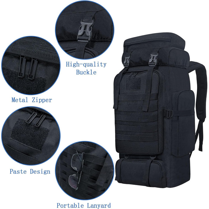 Тактичний туристичний рюкзак 80 л Molle, водостійкий, великий військовий рюкзак для походів та спорту, чорний