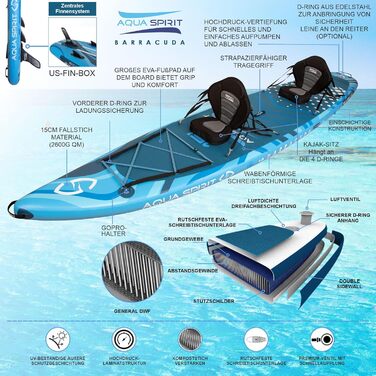 Надувна дошка для падде Aqua Spirit SUP 2024 320x815см/457x915см Комплектація з веслом, рюкзаком, насосом та іншими аксесуарами Дорослі початківці/експерти Гарантія 2 роки (Barracuda 15')