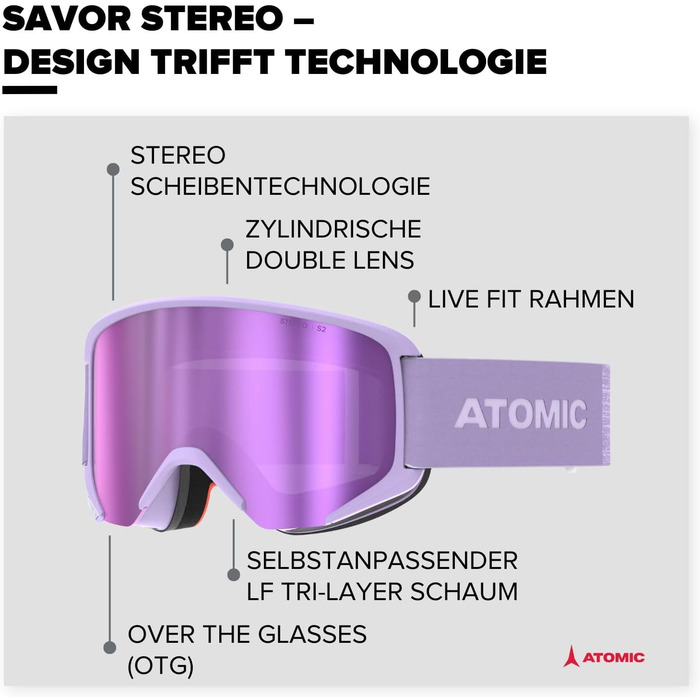 Гірськолижні окуляри ATOMIC SAVOR STEREO - Чіткий зір і захист від відблисків - Високоякісне дзеркальне покриття - Оправа Live Fit - Поверх окулярів сумісна для тих, хто носить окуляри (Лаванда)