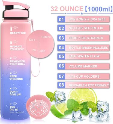 Бутилка для води ZORRI 900 мл, BPA-free, з часовою та вимірювальною шкалою, герметична, легка, спортивна, для школи, фітнесу, зелена/фіолетова
