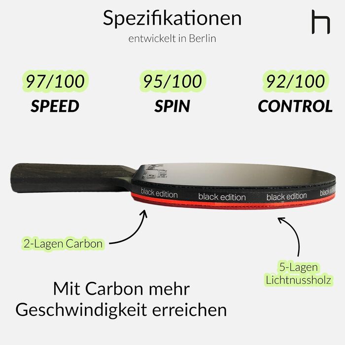 Професійна ракетка для настільного тенісу heinsa Carbon ITTF Competition Approved Black Edition виготовлена зі світлого горіха з преміальною упаковкою та м'ячами (Black Edition у картонному конверті)