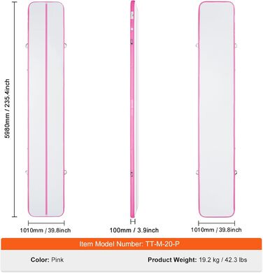 Надувний гімнастичний килимок VEVOR Gym Mat 3/4/5/6 M, надувний килимок з електронасосом, килимки для домашнього використання/тренажерного залу/йоги/черлідингу (рожевий, 598 x 101 x 10 см)