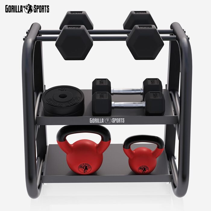 Стійка для гантелей та штанги GORILLA SPORTS, металева, чорна, до 300 кг, універсальна, 52x68,5x62 см