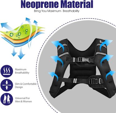 Ваговий жилет 5-15 кг, Неопреновий регульований тренувальний жилет, Жилет для фітнесу Біговий жилет зі світловідбиваючими смугами, Жилет з обтяженням для силових тренувань Cross Training, чорний 15 кілограмів