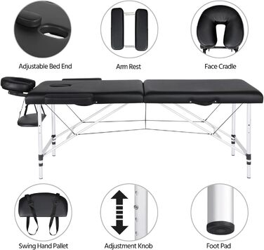 Мобільний масажний стіл Yaheetech 2 зони регульований по висоті масажний стіл Масажне ліжко з алюмінієвими ніжками та сумкою для перенесення, 213*90см
