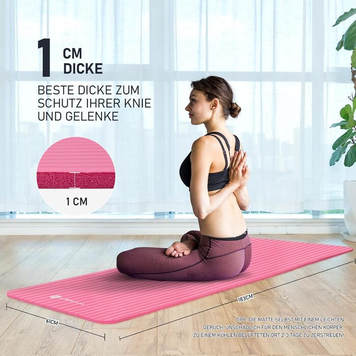 Килимок для йоги TASHIDROLMA Thicker, NBR Yoga Mat Non-Slip з ременем для перенесення, для гімнастичного килимка, фітнес-мату, спортивного килимка, тренувального килимка, товщина 1см (183x61см) (рожевий)