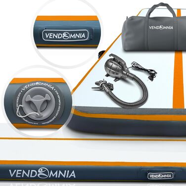 Надувний гімнастичний мат VENDOMNIA Airtrack 300x100x20 см з електричною помпою та сумкою, для спорту, фітнесу, йоги, м'ятно-зелений/сірий, помаранчевий