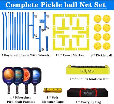 Набір піклболу Zdgao: сітка, маркер, 4 весла, м'ячі, сумка
