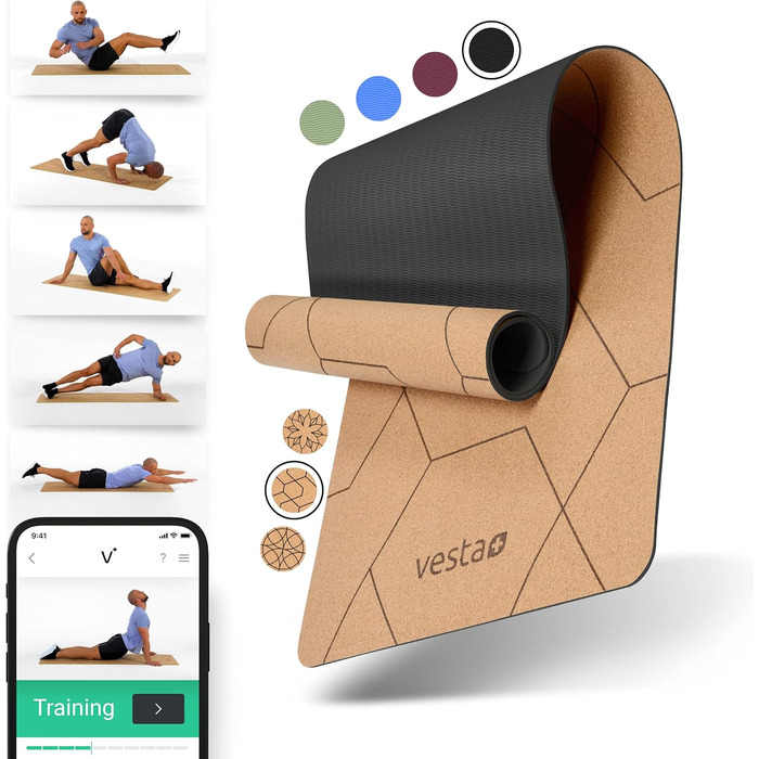 Килимок для йоги Vesta Cork TPE Fitness App - Екологічний корковий килимок для йоги для плюса вашого тренування - Переможець тесту серед коркових килимків Yoga як килимок для йоги Cork, спортивний килимок Cork та Килимок для фітнесу Cork (Бджолині стільни