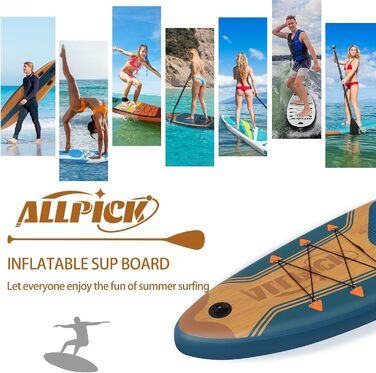 Набір плат ALLPICK Premium SUP Надувна дошка для веслування стоячи З універсальним кріпленням для камери Повні аксесуари Регульоване весло Початківці та просунуті 180кг Мода - темно-синій