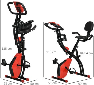 Велотренажер HOMCOM X-Bike 2-в-1 Велосипедний тренажер з РК-дисплеєм Складаний велотренажер з 8 рівнями регульованого магнітного опору та 1 парою натяжної мотузки сталева 97x5115см (червонийчорний)