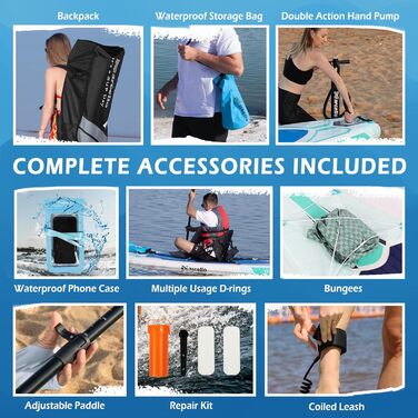 Надувна SUP-дошка 28,9×86,4×15,2 см з рюкзаком, насосом, нековзким покриттям, чохлом для телефону, ультралегке падлборд для дорослих