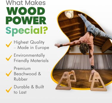 Дерев'яні паралетки WOODPOWER PowerBars, зручні для суглобів ручки для віджимань, стійки на руках і міні-бари, нековзні для приміщень і вулиці для гімнастики, тренувань з власною вагою та йоги (2 шт. и) XL