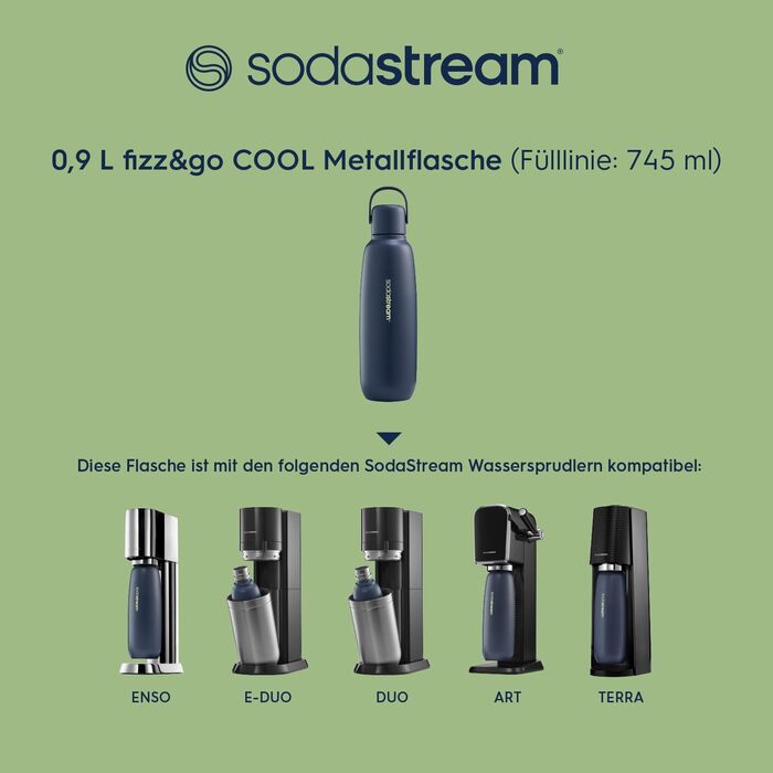 Металева пляшка SodaStream Fizz&go COOL 0,9 л, сумісна з Duo, E-Duo, Terra, для газованої води, тримає температуру до 12 годин, можна мити в посудомийній машині, BPA-free