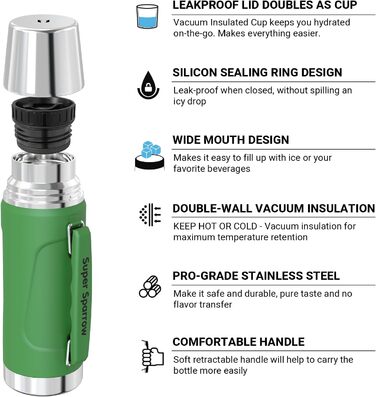 Пляшка термос Super Sparrow сталь 1000 мл - без BPA, герметична, зелена