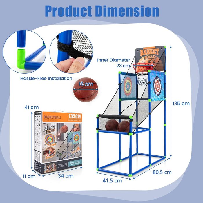 Дитяча баскетбольна машина KOMFOTTEU, набір баскетбольних ігор з лічильником результатів і звуком, баскетбольна стійка в т.ч. баскетбольні м'ячі, насос, мішені, м'ячі на липучках, баскетбольний стрілецький автомат для дітей від 3 років