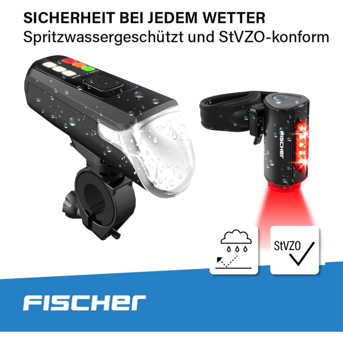 Велосипедний LED набір освітлення FISCHER Twin з 360° підсвіткою для безпеки, передня фара 60 Люкс