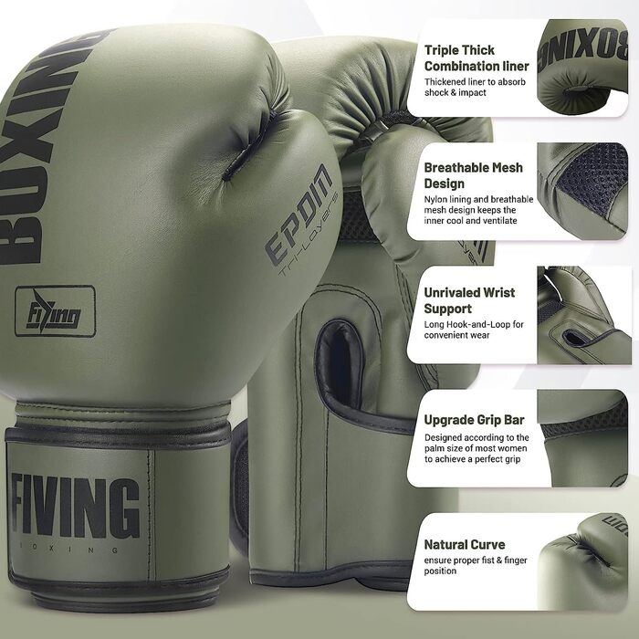 Жіночі боксерські рукавички FIVING Pro Style 10oz, PU шкіра, для тренувань, муай-тай, спарингів, боксу, зелений колір
