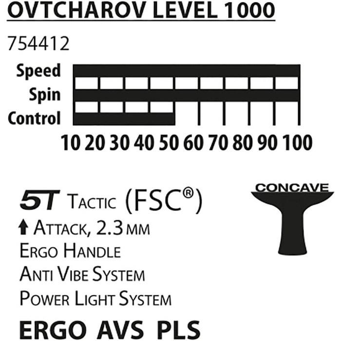 Ракетка для настільного тенісу Donic-Schildkrt Ovtcharov 1000 FSC, AVS, PLS & Ergo Handle, губка 2,3 мм, FSC дерево, енергетика - гума ITTF, 754412 One Size