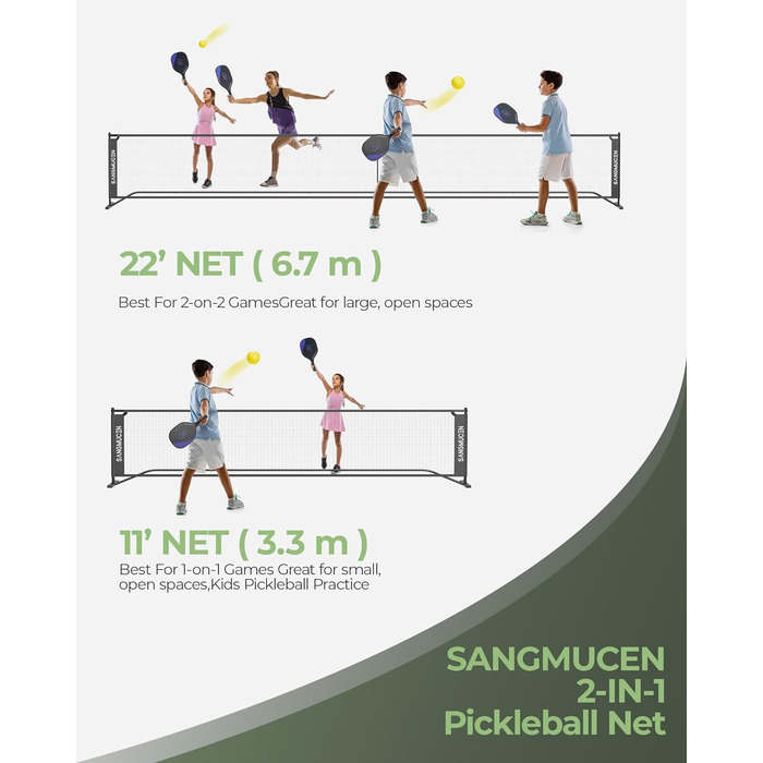 Сітка для піклболу SANGMUCEN, набір сіток для піклболу звичайного розміру 6,9 м і 3,5 м, портативна сітка для піклболу на під'їзній доріжці, стійка до погодних умов металева рама, міцна поліетиленова сітка чорна