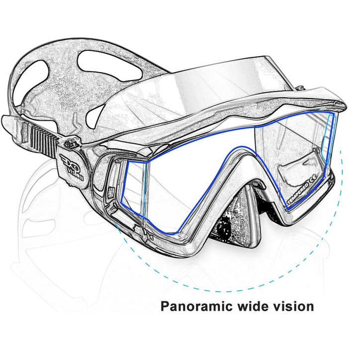 Маска для плавання HD Pano 3 вікна, Антизапотівання, Загартоване скло, Чорний