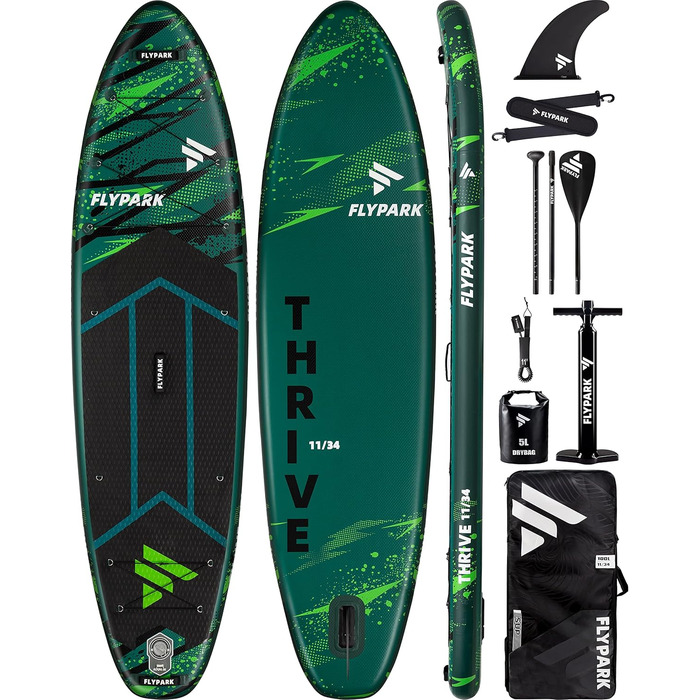 Надувна SUP-дошка Flypark 335x86x15 см, широка, для йоги, з рюкзаком 116 л, 15 D-кілець, ременем, 3 знімними плавниками, насосом