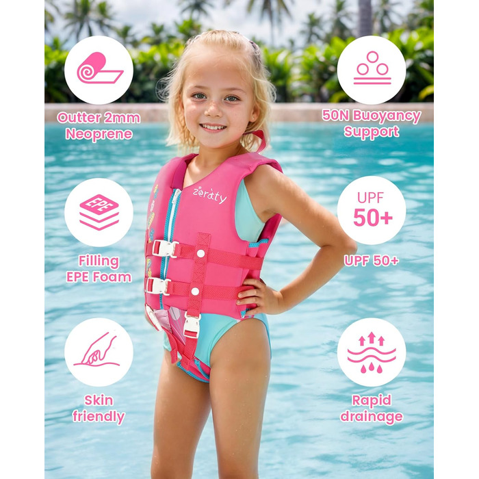 Куртка для плавання Zeraty Kids Life Jacket для малюків з регульованими ременями безпеки Вік 1-9 років / 22-50 фунтів (Pink Flower, M (рекомендований вік 3-6 років))