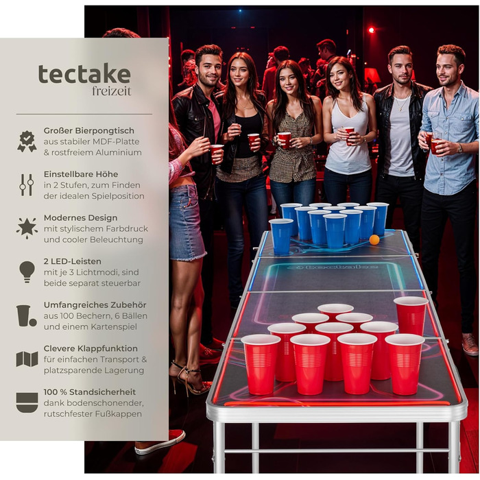 Стіл для пивного пінг-понгу tectake Beer Pong, складаний, регульований, з 100 склянками (50 червоних, 50 синіх) та 6 м'ячами, для вечірок і дорослих