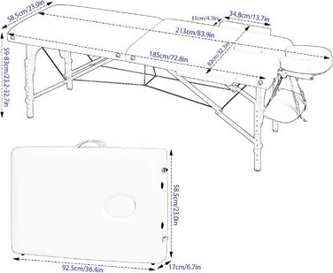 Мобільний масажний стіл VORSCH 2 зони, масажний стіл складний регульований по висоті, переносна масажна лавка на дерев'яних ніжках, косметичний столик з підлокітниками підлокітник підлокітник сумка для перенесення, (біла)