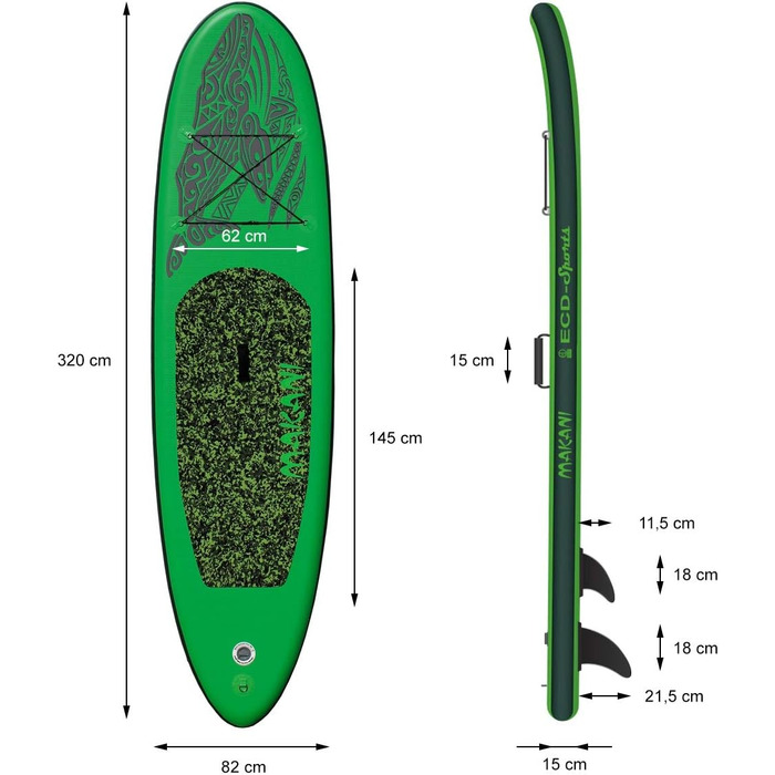 Надувна дошка для веслування 305/308/320/380см, виготовлена з ПВХ, до 120/150кг, товщина 10/15см, сидіння для байдарки, повна сумка, дошка для веслування SUP, дошка для веслування дошка для серфінгу, різні моделі (Makani - Green)