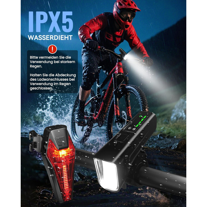Світлодіодний комплект велосипедного світла 100 LUX, USB, водонепроникний IPX5, передній та задній ліхтар, StVZO, з функцією стоп-сигналу