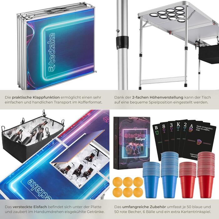Стіл для пивного пінг-понгу tectake® Beer Pong, складаний, регульований по висоті, з ручками, у комплекті 100 стаканів (50 червоних, 50 синіх) і 6 м’ячів, настільна гра для вечірок, для дорослих
