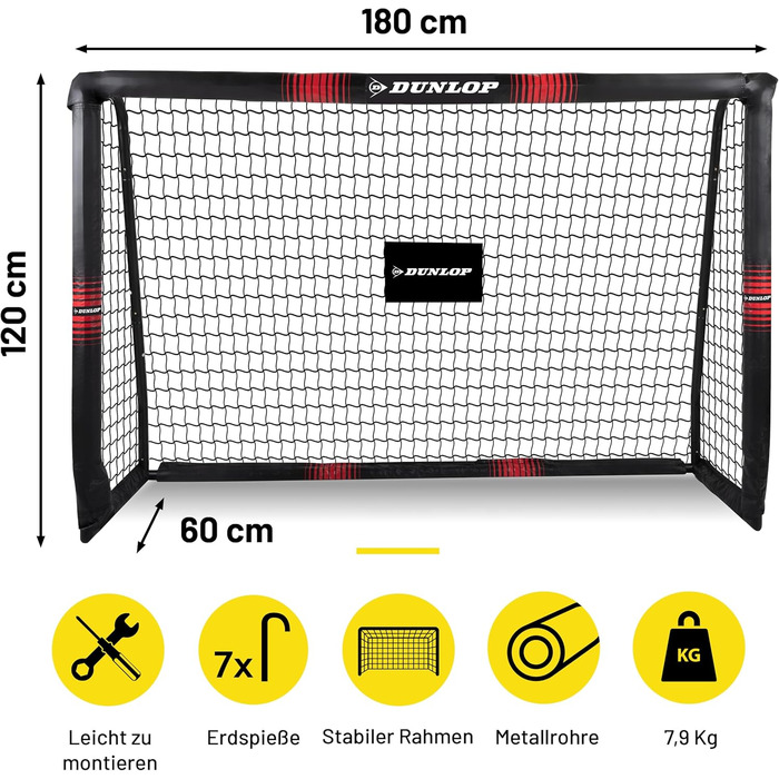 Футбольні ворота Dunlop 240x160x85/120x300x200 см, металеві, тренувальні, для всіх вікових груп, легка збірка, чорні/червоні