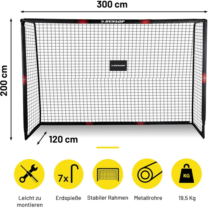 Футбольні ворота Dunlop - Футбольні ворота великі - Футбольні ворота - Футбольні ворота для садових дітей та дорослих - Футбольні тренувальні аксесуари для приміщень та вулиці - Метал Чорний/Червоний 300x200x120см