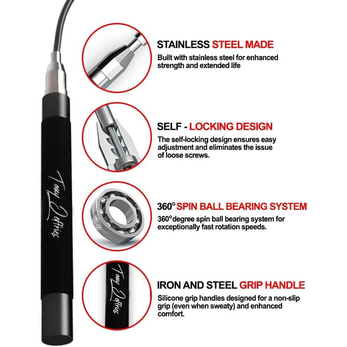 Стрибкова скакалка Tony Jeffries зі швидкістю 2.0 поворотного кулькового підшипника на 360 градусів, щоденні вправи, скакалка з силіконовими ручками, легка, самоблокується, регульована довжина, скакалка для
