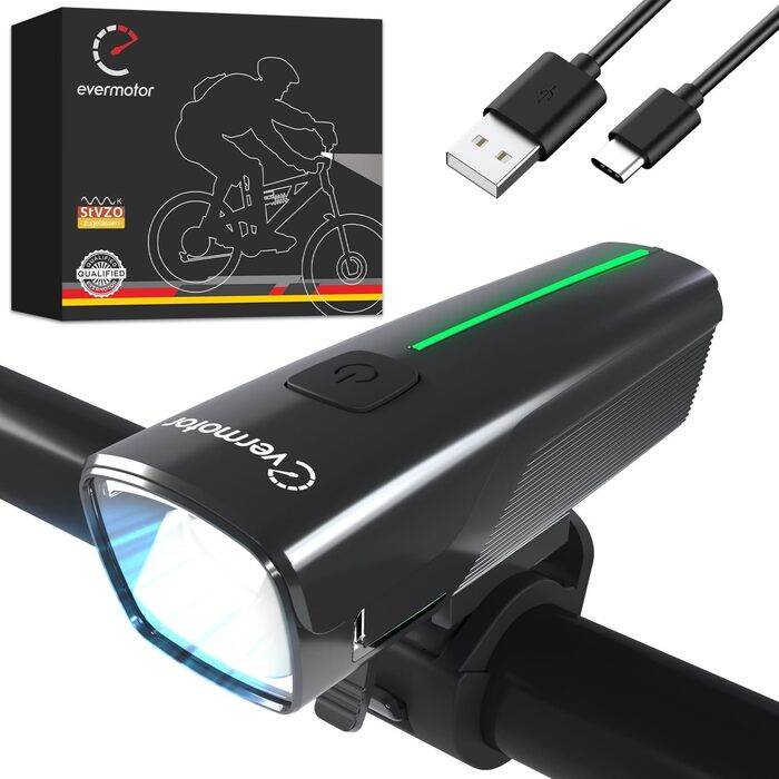 Набір велосипедних LED-ламп evermotor, передня фара StVZO, USB-C заряджання, довга автономність, світло для дітей і дорослих, аксесуари для гірського велосипеда