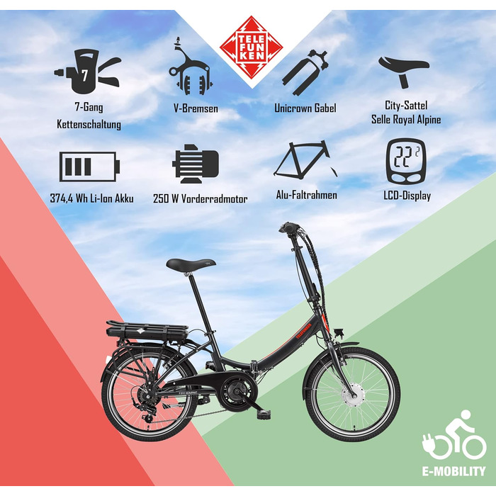 Велосипед складаний TELEFUNKEN E-Bike, Shimano, 250 Вт, 36 В, LED, 20