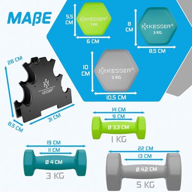 Набір гантелей KESSER 1-5 кг, стійка, неопрен, зошит, 2 стрічки для фітнесу