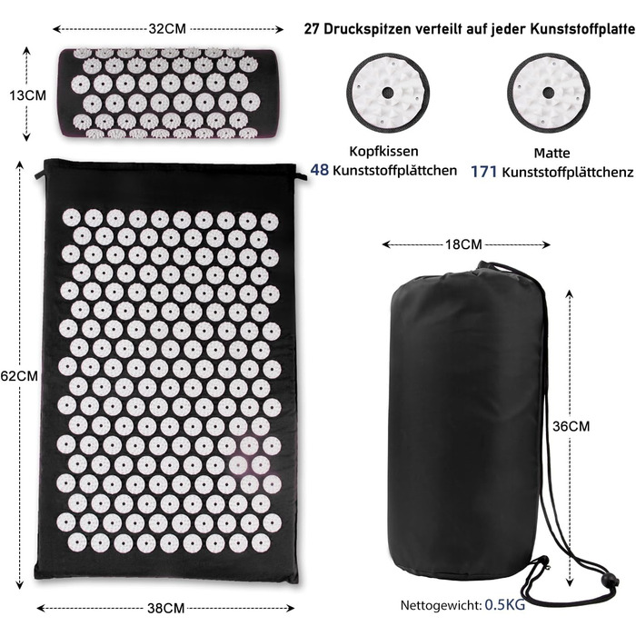 Набір для точкового масажу килимок і подушка, чорний/білий