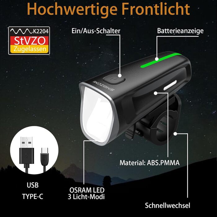 Комплект велосипедних фар 100 люкс LED StVZO, передня і задня фара, USB заряджання, водонепроникність IPX5