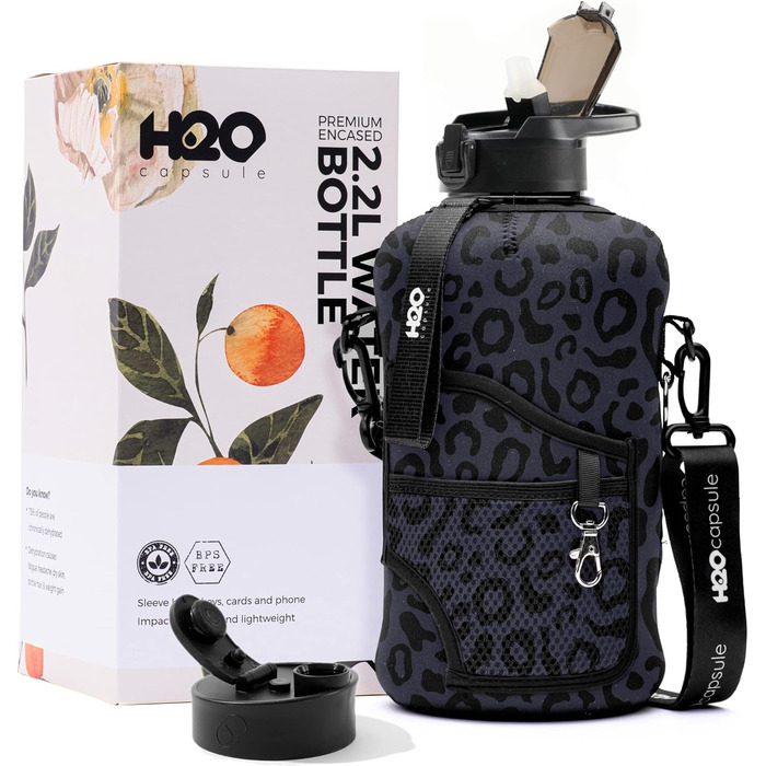 Пляшка для води H2O Capsule 2.2 л з чохлом і трубочкою, BPA-free, багаторазова, з ручкою, чорний леопард