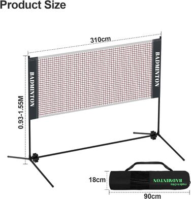 Сітка для бадмінтону Ollewiellan, волейбольна сітка, регульована по висоті підставка та сумка для перенесення, легко збирається та розбирається, ідеальна спортивна сітка для тенісу, бадмінтону або волейболу (310 см)