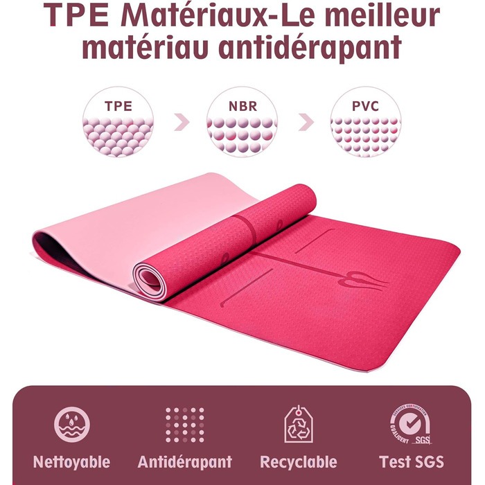 Килимок для йоги KAINOS Нековзний TPE Екологічно чистий килимок для фітнесу Гімнастичний килимок Килимок для пілатесу з ременем/сумкою для перенесення 183 шт. 60,6 см (рожевий)