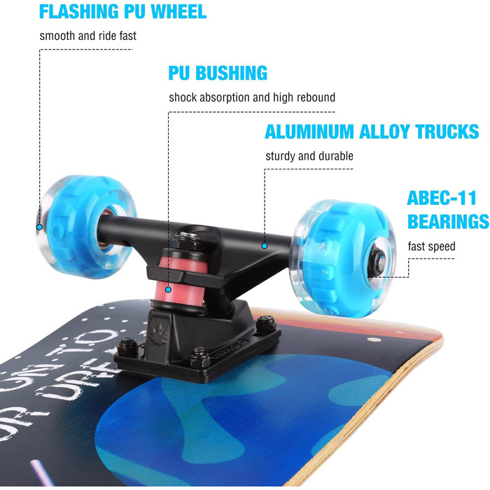 Скейтборд Повна дошка для дорослих дітей 3 8 дюймів Подвійна дека для ударів, кулькові підшипники ABEC-11, 7-шарові подарунки з кленового дерева для підлітків, дівчаток, підлітків, з універсальними скейтбордами (планета)