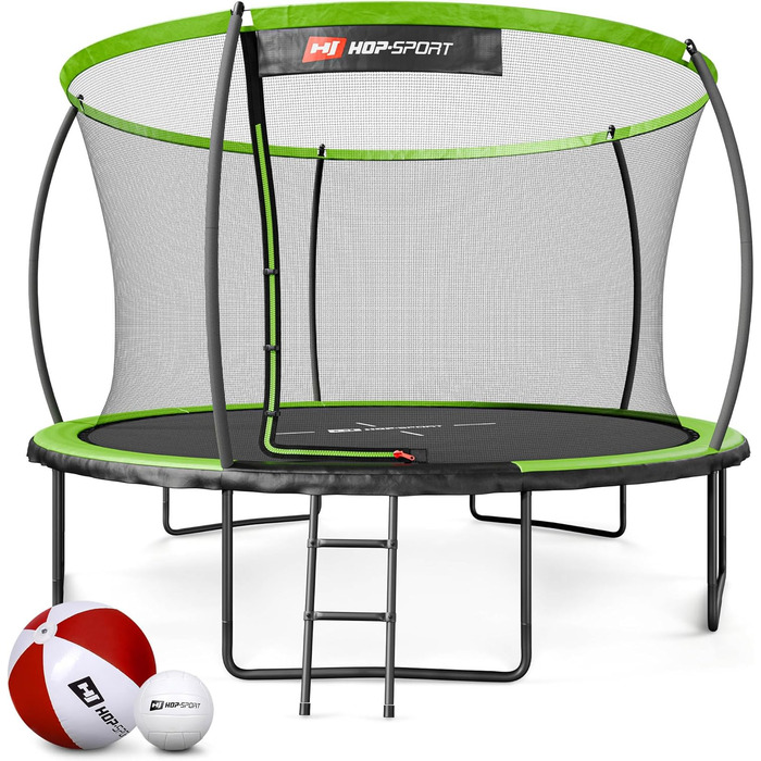 Батут Hop-Sport Outdoor Ø 305/366/427/488 см - Батут з інноваційними вигнутими сітчастими штангами, сертифікатами безпеки та сіткою безпеки (366 см, Зелений/Чорний)