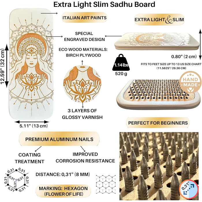 Дошка TENGRY Sadhu, початківець, дошка Extra Light Sadhu, 8 мм, шестикутник, квітка життя, алюмінієві цвяхи, тонка дерев'яна дошка Sadhu для йоги, акупунктурний масаж ніг (квітка лотоса)