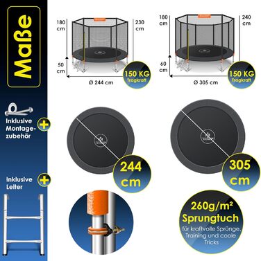 Батут Ø 244/305/366/427 см Сертифікат TV SD GS Повний комплект із захисною сіткою, чохлом від дощу, драбиною, крайовим чохлом та аксесуарами Дитячий батут Садовий батут до 150 кг (антрацит / апельсин, 244 см)